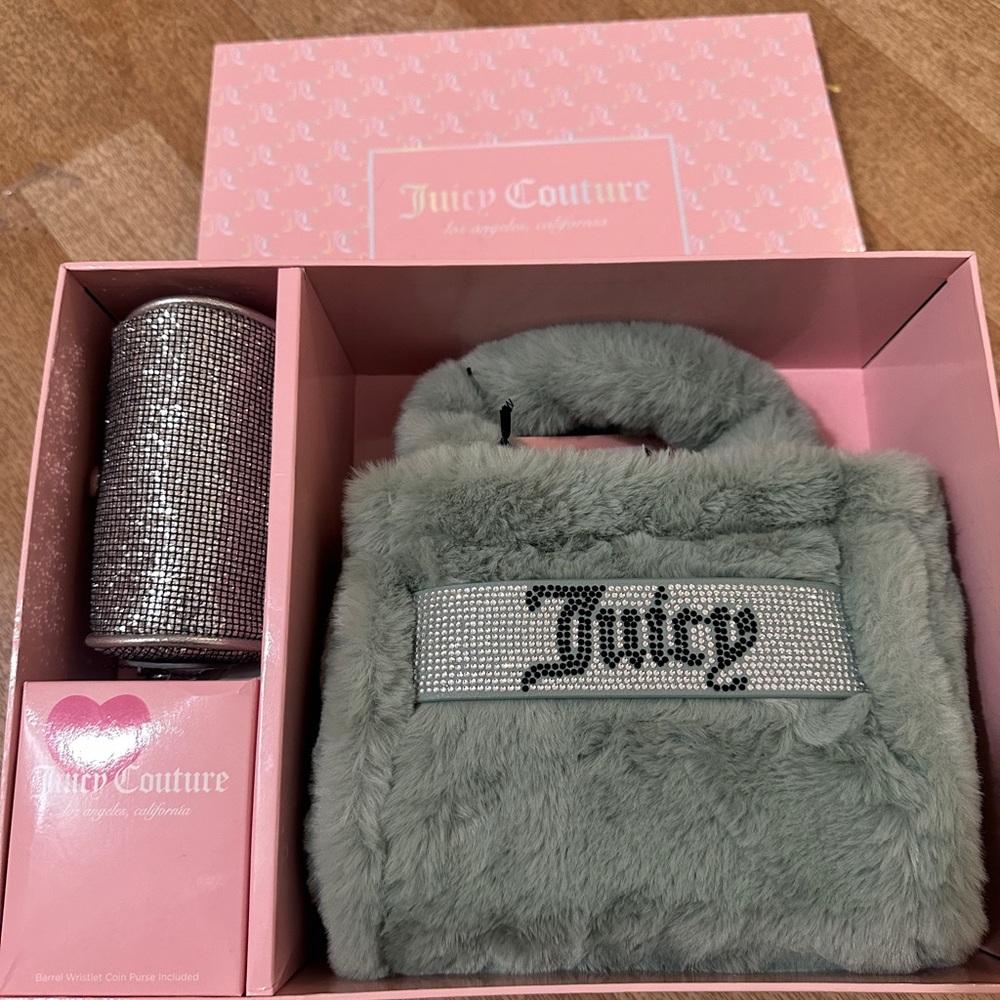 NEW Juicy Couture Purse and Pouch Set Green Rhinestone Silver Furry Fur